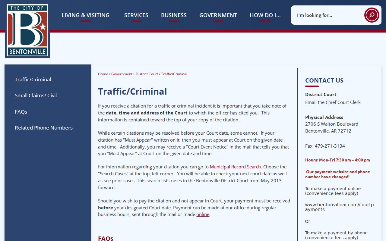 Bentonville District Court traffic and criminal warrant contact page