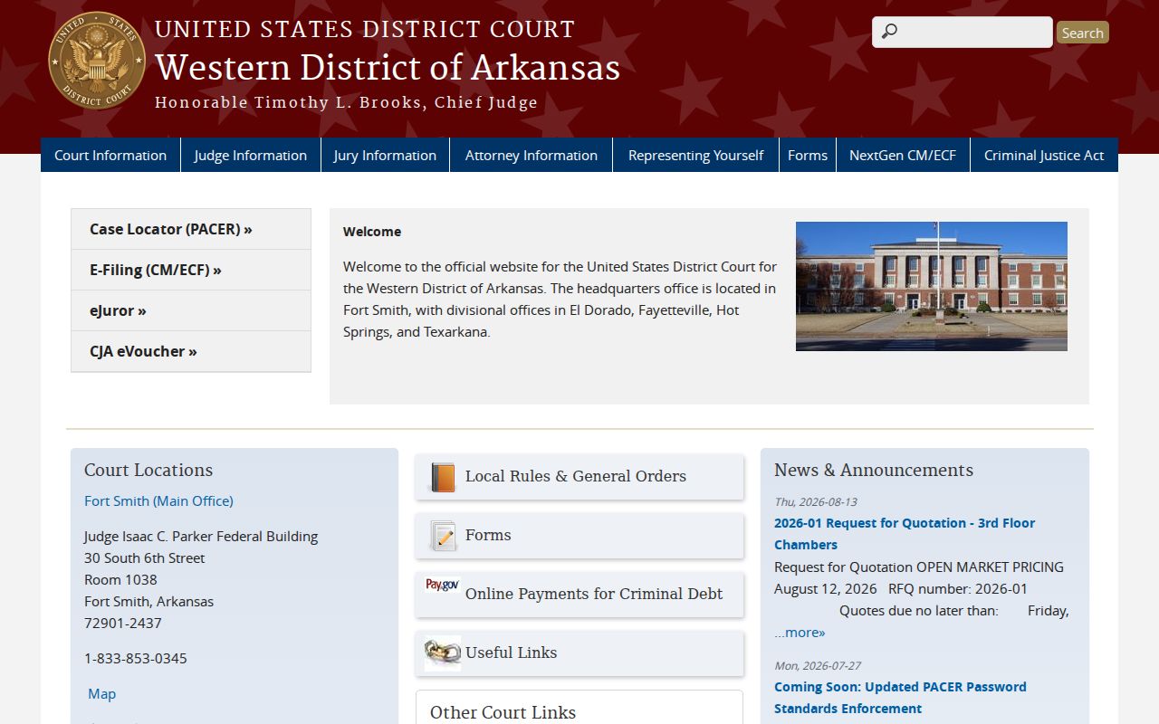Western District of Arkansas federal court page for federal warrant routing
